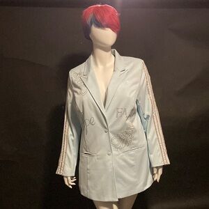 Adidas Plus Size 2XL Sky Blue Blazer Jacket with Rhinestone & Embroidered Patchw